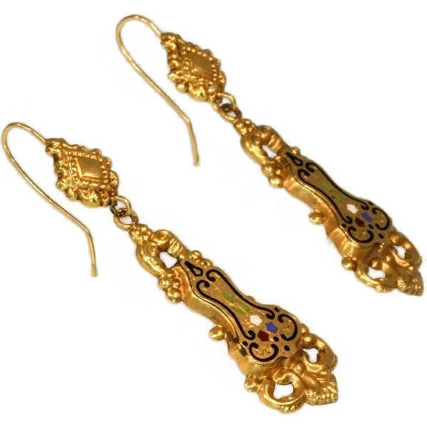 Antique floral enamel dangle earrings yellow gold, Victorian era (image 8 of 11)